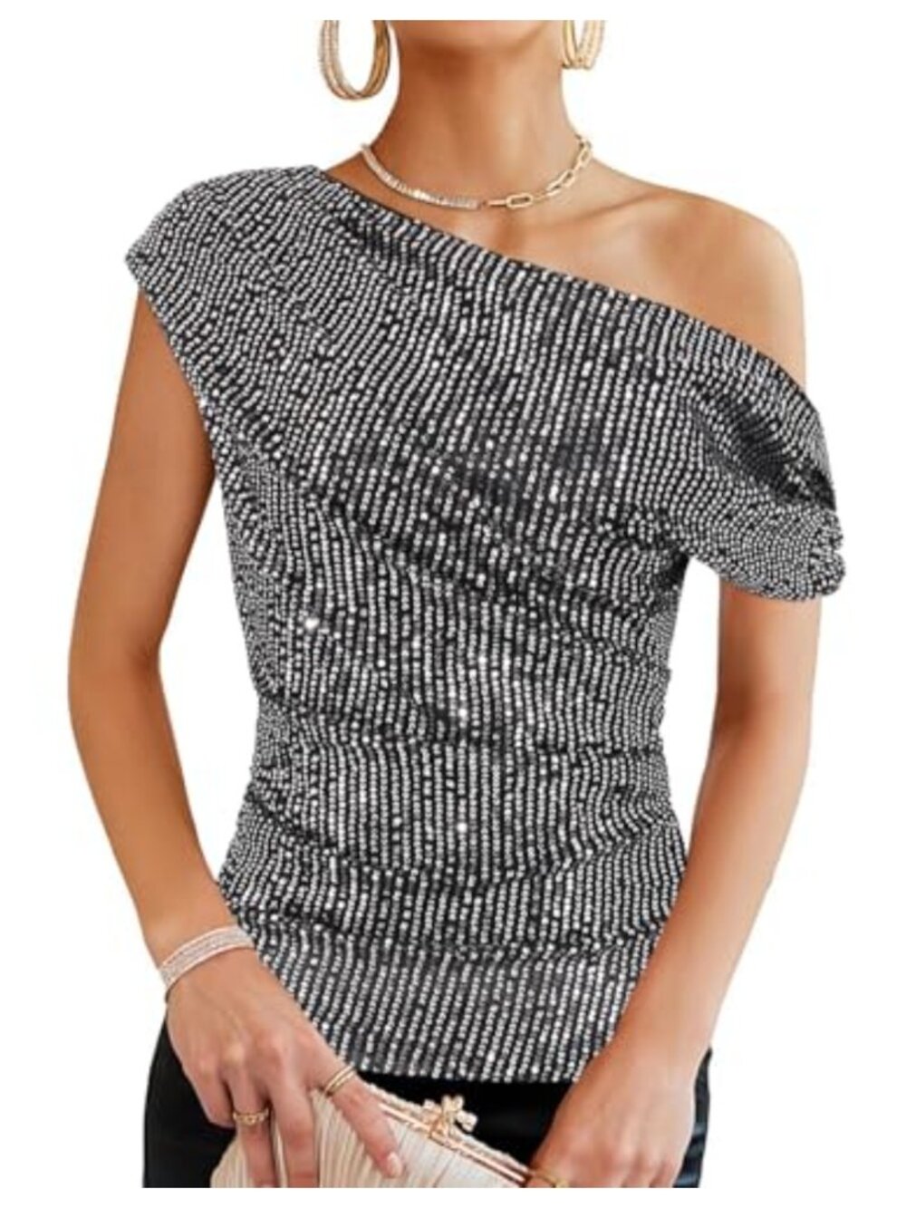 Women's One Shoulder Sequin Shirt Glitter Sparkle Party Top
